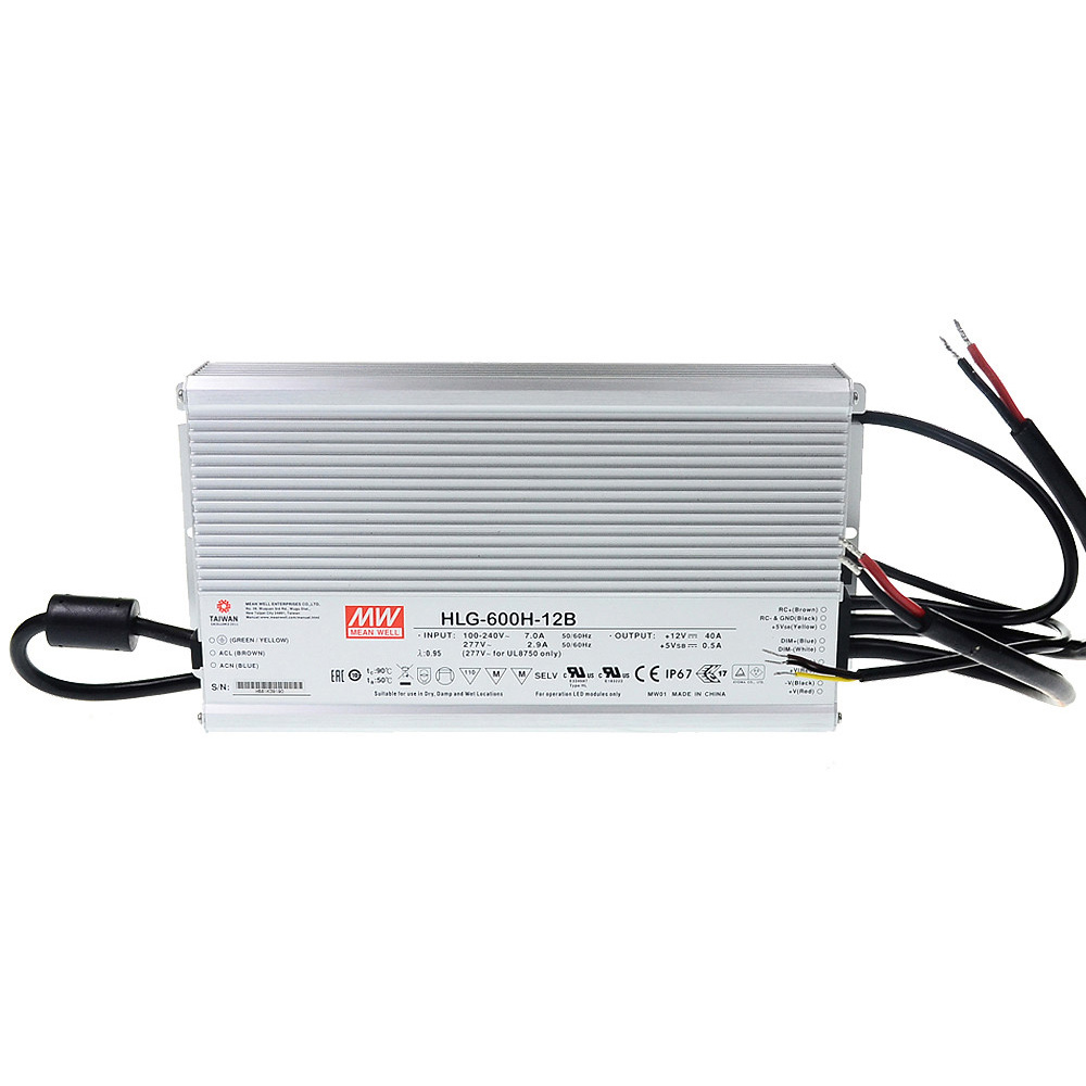 HLG-600H-12B AC90-305V Input Voltage Mean Well Waterproof DC12V 480Watt UL-Listed LED Power Supply